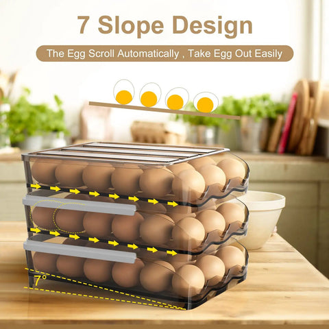 Stacked 36 Count Large Capacity Egg Holder For Refrigerator With Automatic Rolling Tray And Lid on kitchen counter.