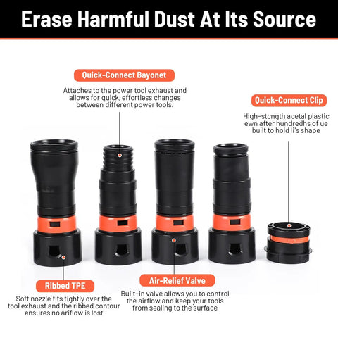Four dust collection hose adapters from Seven Piece Dust Collection Hose Adapter Kit For Woodworking Tools, Sanders, And Shop Vacuums, Wide Compatibility With Outlets From 0.9 To 1.75 Inches Across Multiple Brands