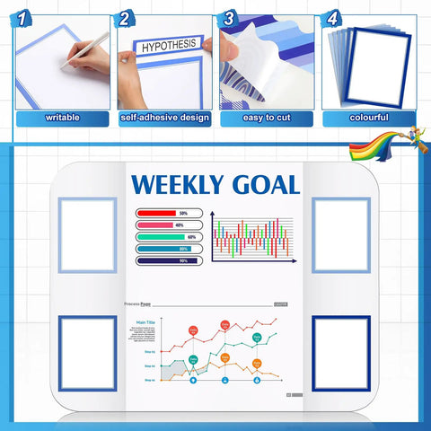 Writable Blue Boho 60 Trim Scalloped Poster Boards Set with 18 Presentation Subtitles for Classroom Displays