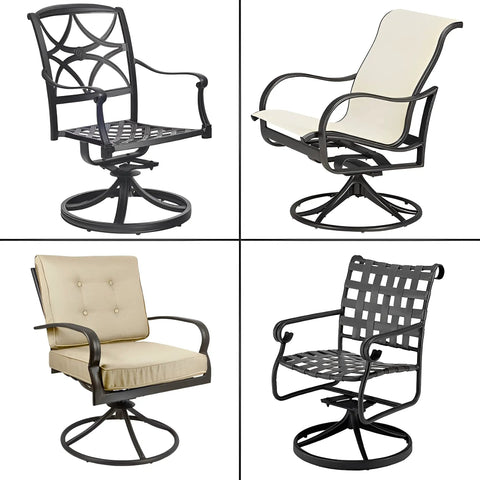 Various designs of patio swivel rocker chairs with focus on durability and style for indoor and outdoor use.