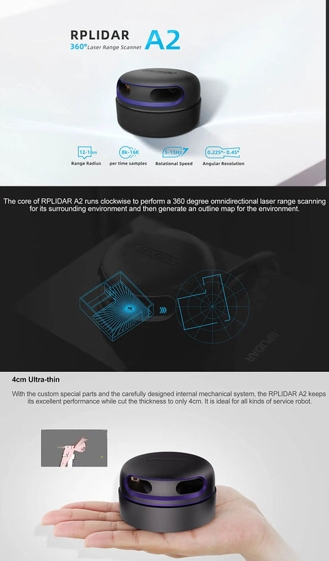 RPLIDAR A2M12 360 Degree 2D Lidar Sensor Kit on display, designed for obstacle avoidance and robotics projects.