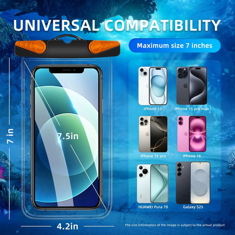 Waterproof Phone Pouch With Lanyard For iPhone And Android IPX8 Phone Case Dry Bag 30M showing phone sizes and compatibility
