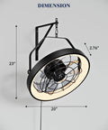 20 Inch Wall Mount Fan With Light And Dimmable 3CCT LED 6 Speeds Smart Remote And App Control Plug In Ceiling Or Wall Mount Indoor Outdoor Use For Patio Garage Living Room Workshop Metal Frame, showing dimensions.
