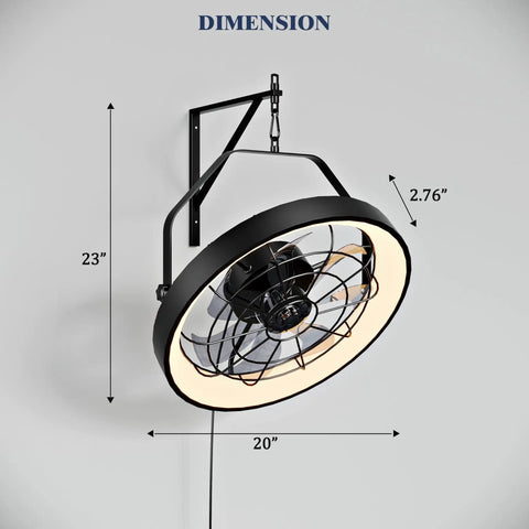 20 Inch Wall Mount Fan With Light And Dimmable 3CCT LED 6 Speeds Smart Remote And App Control Plug In Ceiling Or Wall Mount Indoor Outdoor Use For Patio Garage Living Room Workshop Metal Frame, showing dimensions.