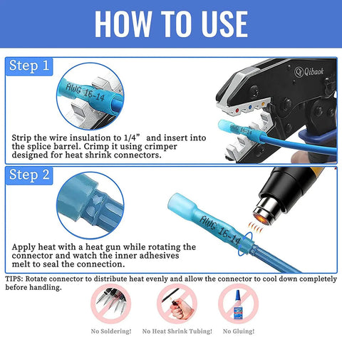 Instructions for using Ratcheting Wire Crimping Tool For Heat Shrink Connectors With 200 Pcs Butt Connectors AWG 20 To 10 High Precision Jaw.