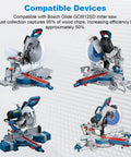 Four Bosch 12-inch Glide GCM12SD miter saws with Five In One Miter Saw Dust Collector Attachment in home shops and garages.