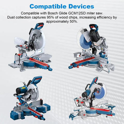 Four Bosch 12-inch Glide GCM12SD miter saws with Five In One Miter Saw Dust Collector Attachment in home shops and garages.