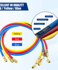 Upgrade 29985 Plus II One Quarter Inch HVAC Hose With Ball Valve For Refrigeration, multicolor 3 pack with layered design.