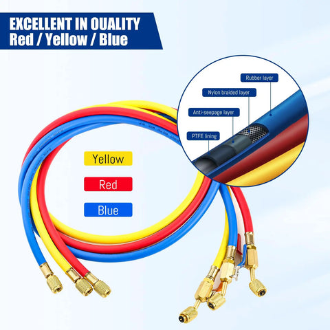 Upgrade 29985 Plus II One Quarter Inch HVAC Hose With Ball Valve For Refrigeration, multicolor 3 pack with layered design.
