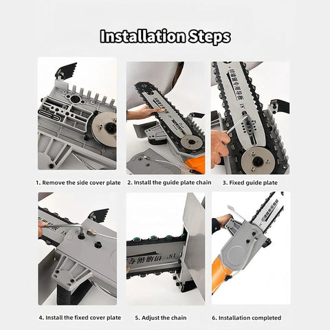 Installation steps for Straight-Shooting Heavy-Duty Electric Concrete Saw With Diamond Chain, showcasing guide plate assembly.