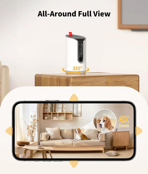 Indoor Pet Camera With Treat Dispenser And Remote Toss 360 Degree View showing phone display with pet monitoring feed