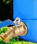 Brass Rain Barrel Spigot With Three Quarter Inch GHT Male Thread Quarter Turn Ball Valve And Bulkhead Fitting installed on barrel