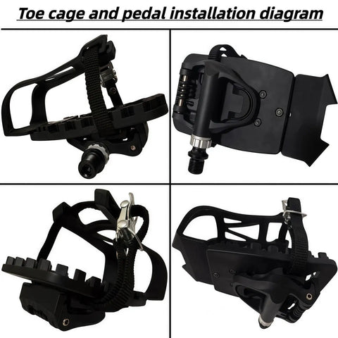 Installation diagram of 3 In 1 Indoor Cycling Pedals With Look Delta Compatibility, Clips And Cleats Included, Platform Or Toe Clip Modes.