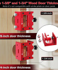 Heavy Duty Door Latch Mortise Tool For Router Clamp On Door Mount features red machined aluminum, fitting 1-3/8" and 1-3/4" thick doors.