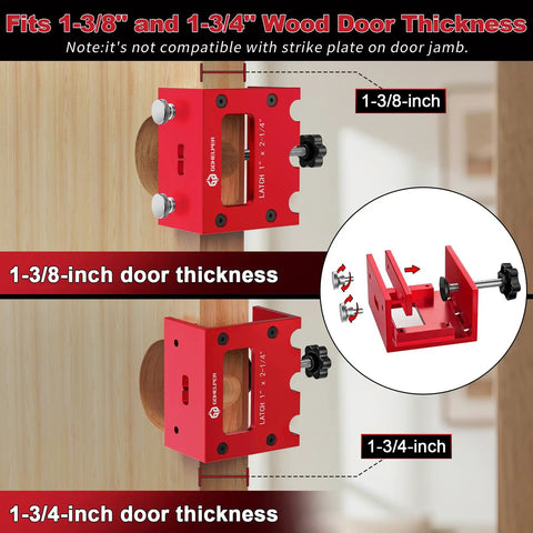 Heavy Duty Door Latch Mortise Tool For Router Clamp On Door Mount features red machined aluminum, fitting 1-3/8" and 1-3/4" thick doors.