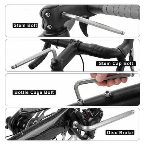 Compact Bike Repair Tool Kit With Flip Case L Ball End Hex Wrench tightening stem, cap, bottle cage, and disc brake bolts