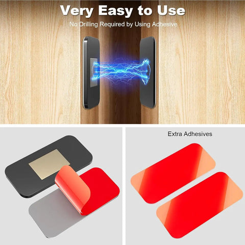 Grab These 16 Pairs Of No Drill Stainless Steel Magnetic Door Catches With Killer Adhesive Grip For Your Kitchen Bathroom Closet Or RV Drawer Latch To Keep Everything Locked Tight Without Any Messy Drilling Required And Super Easy To Install Today: Adhesive pads showing no-drill installation on wood.