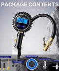Digital Tire Pressure Gauge With Inflator And 250 PSI Heavy Duty Air Chuck Quick Connect Hose For Cars And Inflatables LED Backlit Display Clear Readout And One Percent Accuracy, showing accessories and hose.