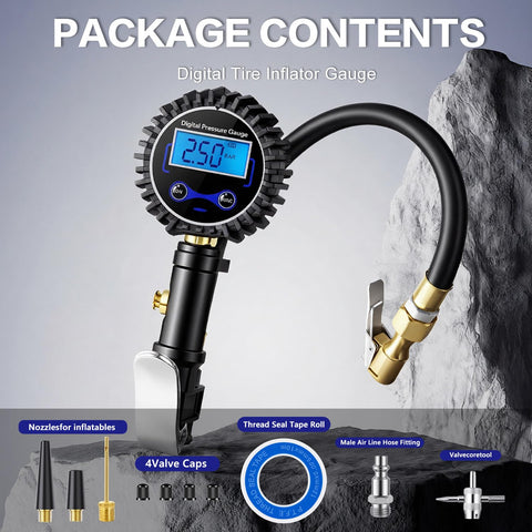 Digital Tire Pressure Gauge With Inflator And 250 PSI Heavy Duty Air Chuck Quick Connect Hose For Cars And Inflatables LED Backlit Display Clear Readout And One Percent Accuracy, showing accessories and hose.