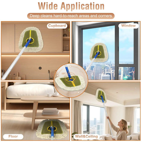 Wicked Large 15 Inch 100 Percent Cotton Wedge Dust Mop Head Replacement showcases its use on floors, windows, and cupboards.