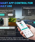 Smartphone displaying control app for Beefy 48 Amp Level 2 EV Charger With J1772 Plug, charging settings in backyard view.