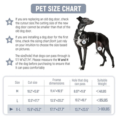 Pet size chart detailing dimensions for Heavy Duty Dog Door With Three Flap Design And Rust Proof Aluminum Frame For Smooth Indoor Outdoor Pet Access Built Dang Tough To Handle Daily Yard Runs Without Any Fuss Whatever.