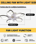 Bladeless Ceiling Fan With Lights 26.3 Inch Low Profile Flush Mount Indoor Fan detail with dimensions and functions, 67cm by 13cm.