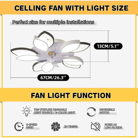 Bladeless Ceiling Fan With Lights 26.3 Inch Low Profile Flush Mount Indoor Fan detail with dimensions and functions, 67cm by 13cm.