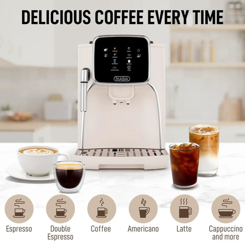 Automatic Espresso Machine With Built In Grinder And Touch Panel For Barista Quality Coffee At Home Milk Frothing Steam Wand Adjustable Strength Self Cleaning Cream And Silver Finish
