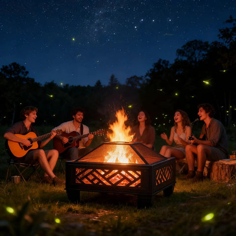 26 Inch Wood Burning Fire Pit With Cooking Grill And Spark Screen, Heavy Duty Steel Outdoor Firepit for cozy forest gathering
