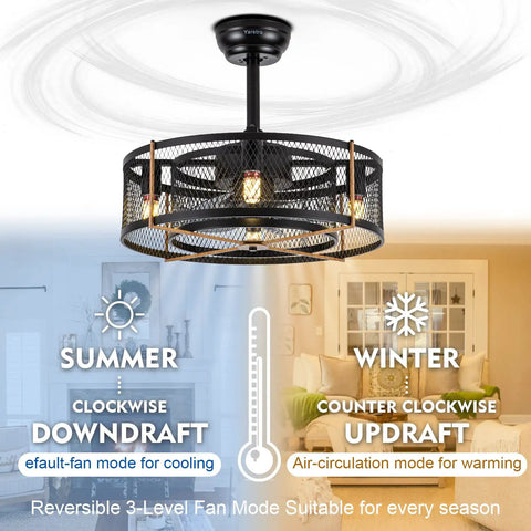 20 Inch Farmhouse Ceiling Fan With Lights Remote Control Black Industrial Cage Style Dope Reversible Motor Quiet Performance 3 Speed Settings Ideal For Living Room Bedroom Kitchen Dining Room