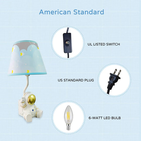 Golden Astronaut Kids Table Lamp With Barrel Lampshade, 13 Inch Spaceman Bedside Table Lamp with US plug and LED bulb
