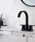 4 Inch Matte Black Bathroom Sink Faucet With Sleek Modern Arc Design, Solid Brass Build, Easy Install, Durable Construction, And BF040-9-MB Model in modern bathroom
