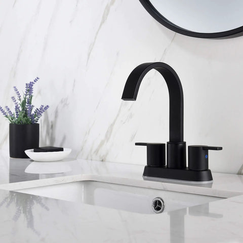 4 Inch Matte Black Bathroom Sink Faucet With Sleek Modern Arc Design, Solid Brass Build, Easy Install, Durable Construction, And BF040-9-MB Model in modern bathroom