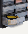 Close-up of open drawer in 24 Drawer Plastic Storage Organizer With Dividers For Office, Craft And Tools, showing storage space.