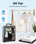 Ten Ton Hydraulic Shop Press With 400 Degree Aluminum Heating Plates And Digital Timer Control For Beefy Benchtop Projects Built Different And Made For Smooth Garage Work with shirts and tote bags in background.