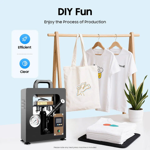 Ten Ton Hydraulic Shop Press With 400 Degree Aluminum Heating Plates And Digital Timer Control For Beefy Benchtop Projects Built Different And Made For Smooth Garage Work with shirts and tote bags in background.