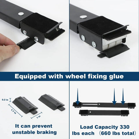 Extendable Appliance Rollers For Washer And Dryer BeefedUp Heavy Duty Mobile Base equipped with wheel fixing glue and 660 lb capacity.