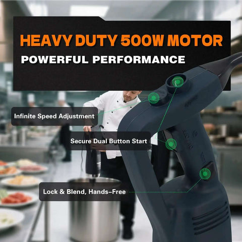 Heavy Duty Commercial Immersion Blender 500 Watt Variable Speed Hand Mixer With 16 Inch Removable Shaft showing controls and features in a kitchen.