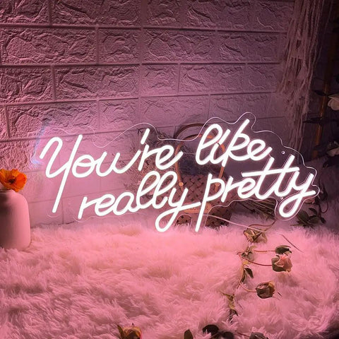You Are Like Really Pretty Neon Light Sign Peach Pink LED Neon Wall Decor for Bedroom with floral accent on white fur backdrop