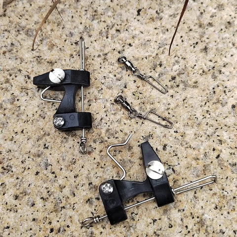 Two Pack Downrigger Release Clips With Ball Bearing Swivel For Outriggers And Kite Rigs, Smooth Line Release Arm, Precise Tension Adjuster, Durable Silver Finish, Great For Offshore Trolling Gear, black stainless steel clips and swivels