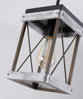 Rustic Farmhouse Wood Pendant Light With Metal Cage Shade One Light Adjustable Rods For Kitchen Island Cafe Bar Lighting In Antique Gold And Black Chic Finish, close-up view showing bulb and cage design.