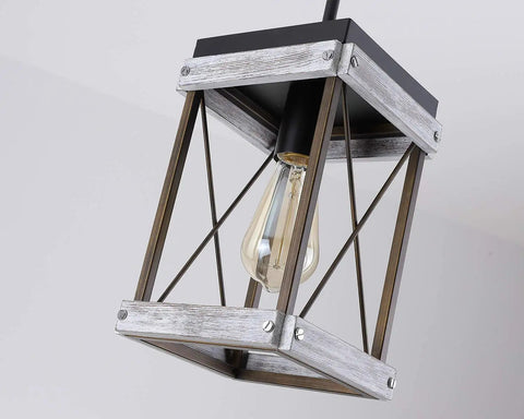 Rustic Farmhouse Wood Pendant Light With Metal Cage Shade One Light Adjustable Rods For Kitchen Island Cafe Bar Lighting In Antique Gold And Black Chic Finish, close-up view showing bulb and cage design.