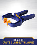 Quick-Grip Handi-Clamp One And A Half Inch One-Handed Clamp in blue and yellow for woodworking projects, sturdy handle visible