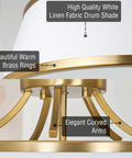 Dope Modern Gold 3 Light Semi Flush Mount Ceiling Light With White Tapered Fabric Shade In Warm Brass Finish detail view