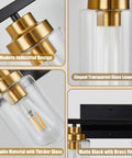 Close-up of 4 Light Vanity Light Fixture For Bathrooms Over Mirror Wall Lights With Matte Black And Gold Shades Clear Glass Modern Lampshade