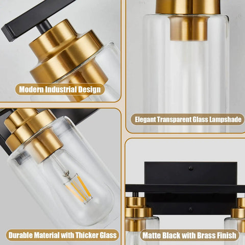 Close-up of 4 Light Vanity Light Fixture For Bathrooms Over Mirror Wall Lights With Matte Black And Gold Shades Clear Glass Modern Lampshade