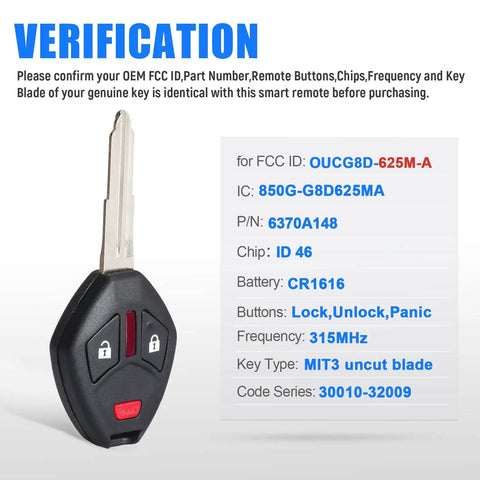 Mitsubishi Outlander 2007 2016 3 Button Key Fob Replacement Keyless Entry Remote 315 MHz Frequency Left Blade with specs