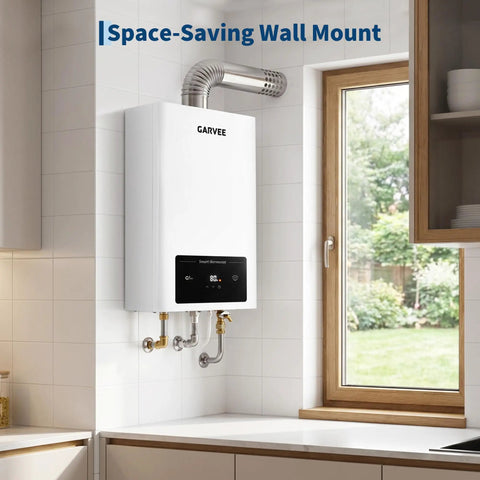 Indoor Tankless Water Heater Hands You Sweet On Demand Hot Water Powered By Pure Natural Gas Efficiency And A Clean Digital Dashboard For Flawless Temperature Tuning And Quick Mounting Anywhere, sleek white design mounted on wall.