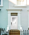 Top Shelf Fiberglass Entry Door Thirty Six By Eighty Inches Nine Lite Low E Glass Primed White Oak with a white facade and modern hardware.